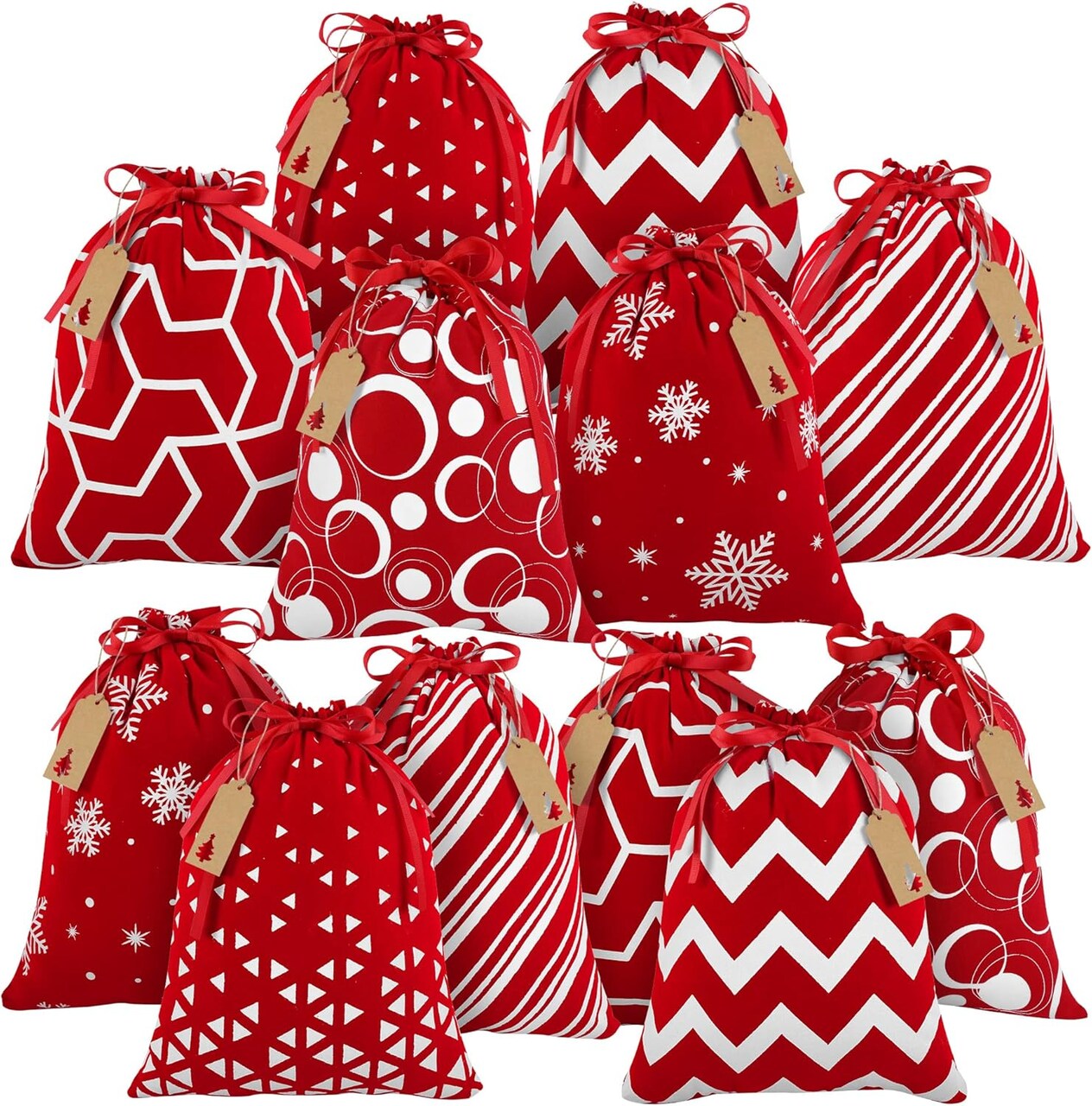 12 Pieces Christmas Drawstring Gift Bags Red and White Cotton Fabric Christmas Gift Bags with Drawstring 12 x 10 Inch Christmas Party Favor Bags for Christmas Party Supplies, 6 Designs